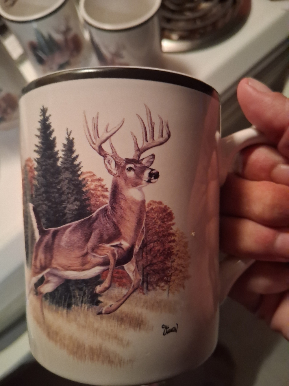 Bass Pro Shops White Mug with Brown Deer and Green Trees